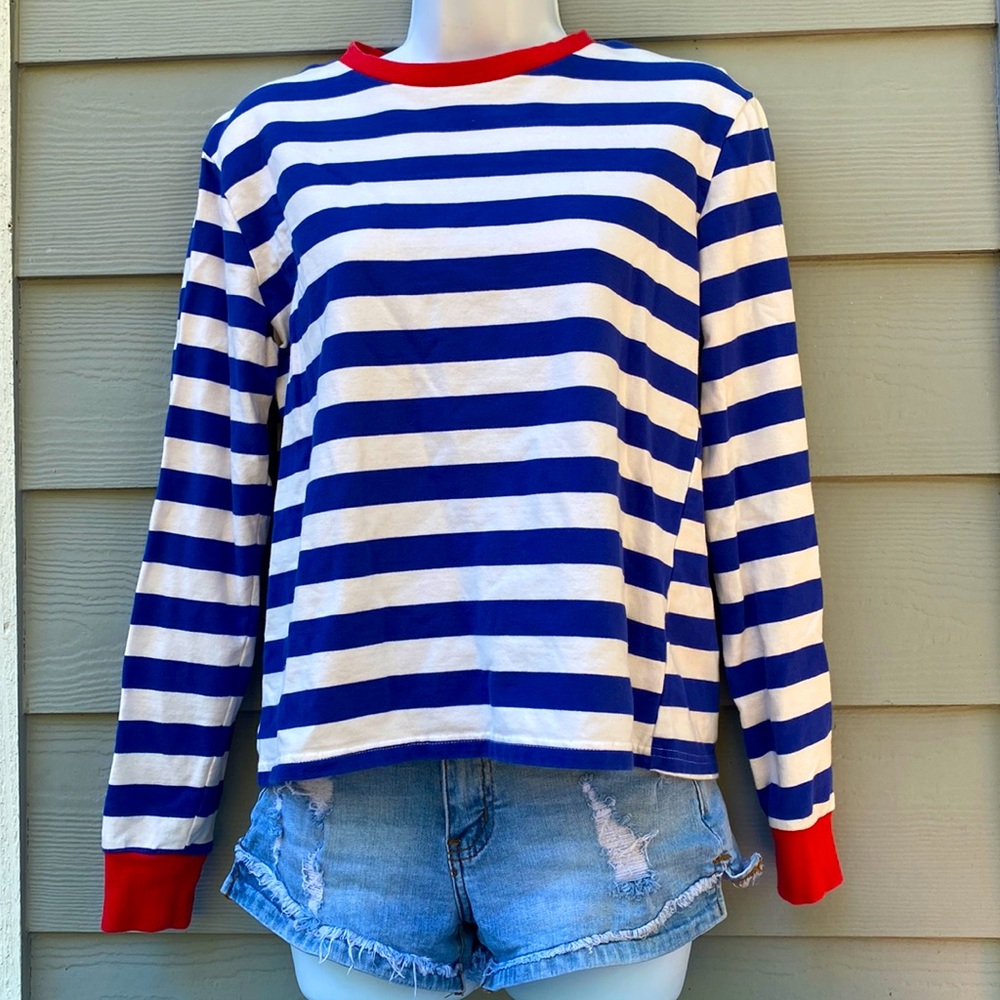 Zaful Blue & White Stripe Long Sleeve Tee Top Shirt Red Cuffs & Neckline Medium